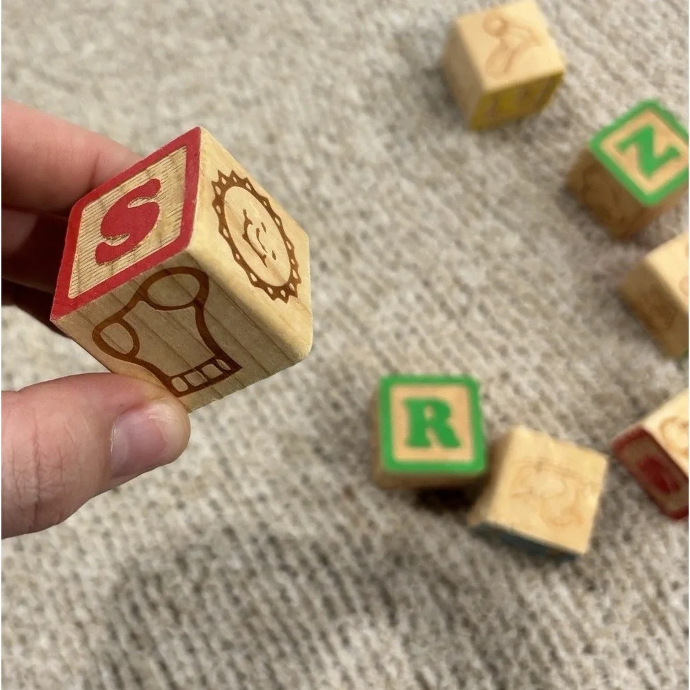 Kids Wood Alphabet Blocks Assorted Set of 20 Vtg Classic Ed Toy Multicolor